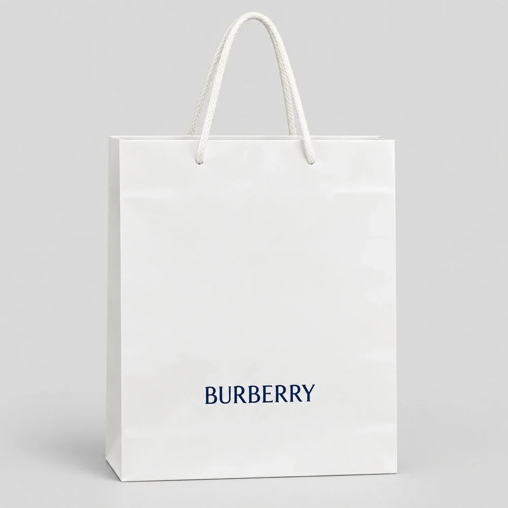 Burberry White Paper Shopping Bag Navy Logo Woven Rope Handles 12x16.5x4